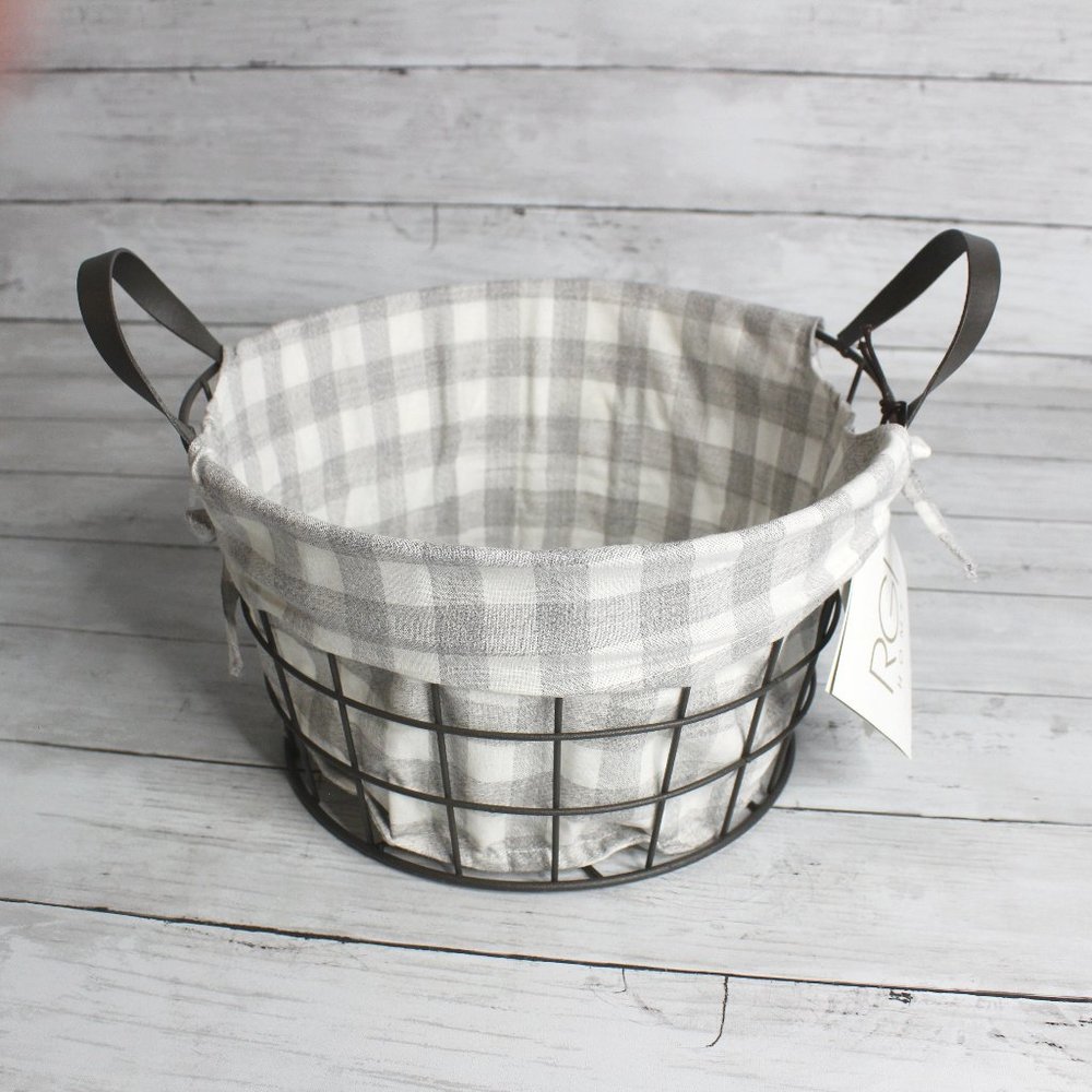 RGI Metal Wire Bushel Basket Country Farmhouse Home Decor Gray Gingham